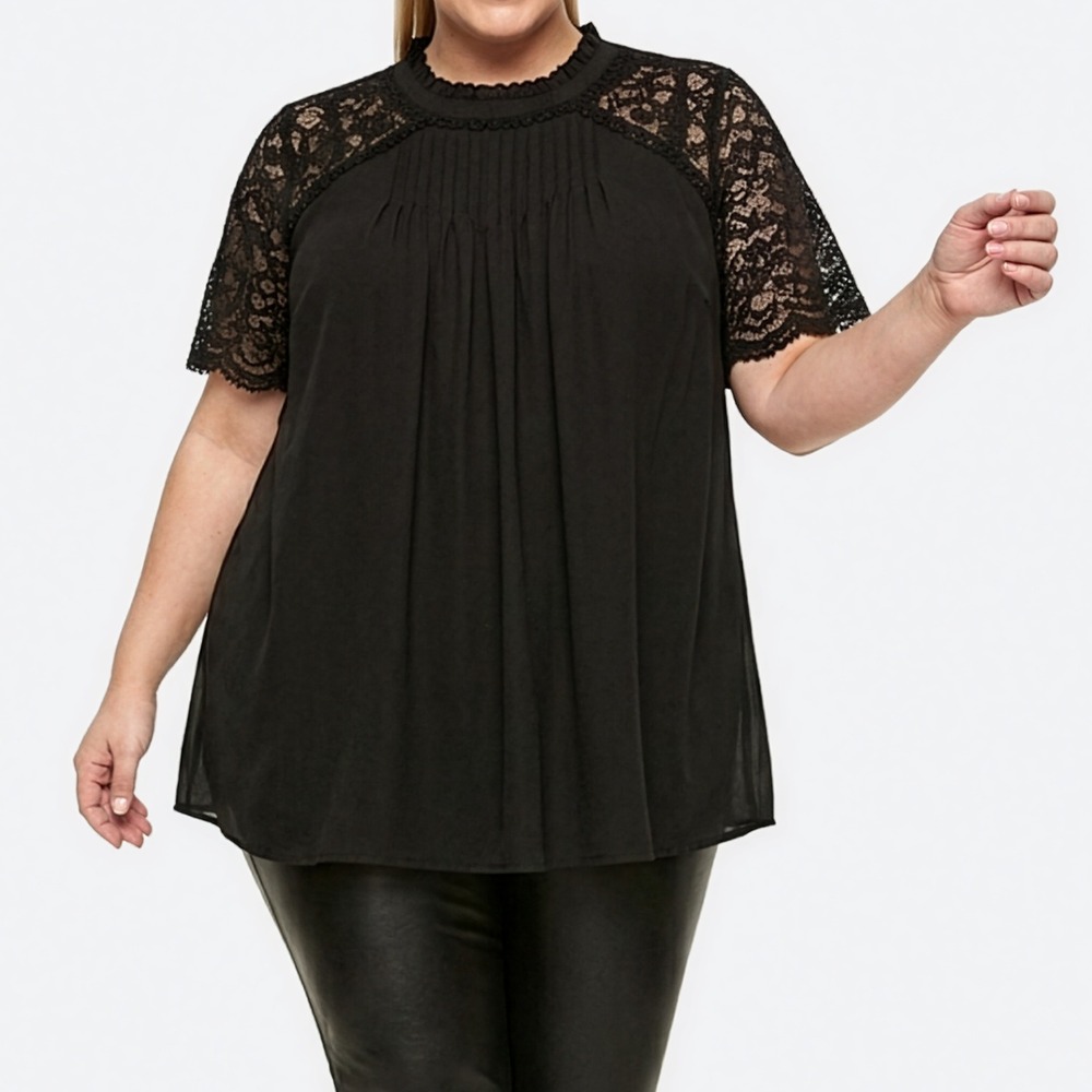 Torrid Lace Sleeve Blouse Plus 3X Black Pleated Ruffle Neck Top Dark Coquette